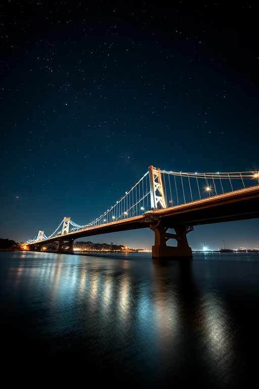 high-resolution night photography of a bridge over water with stars in the sky, long exposure to capture light reflections, f-stop 11, ISO 100, 30-second exposure, wide-angle lens, DSLR camera, slight vignette effect for depth