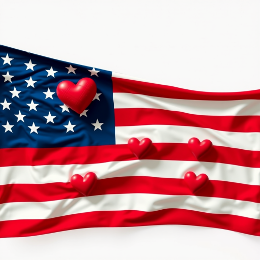 Create an image of the American flag featuring hearts instead of stars, high-resolution, shot with a DSLR camera at f/8, ISO 100, 50mm lens, top-down view, bright lighting, graphic illustration style.