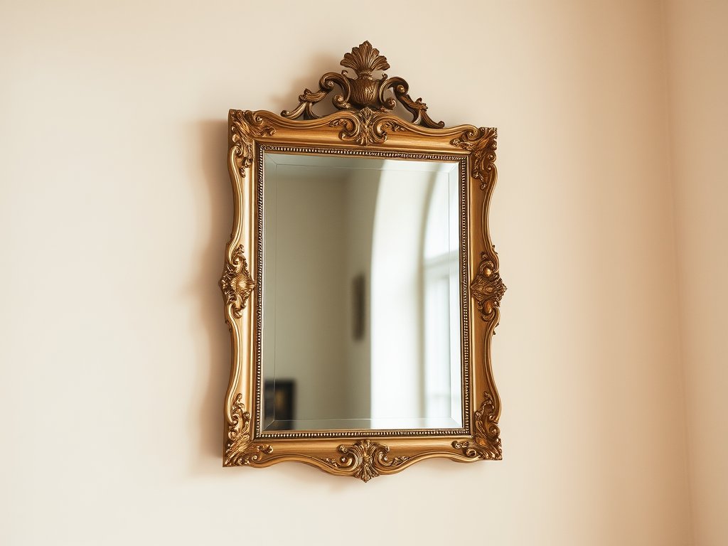 Capture an elegant, framed mirror hanging on a softly colored wall with a focus on reflections, using a Canon EOS R5, 50mm lens, aperture f/1.8, ISO 100, shutter speed 1/125s, in natural light for enhanced detail and clarity.
