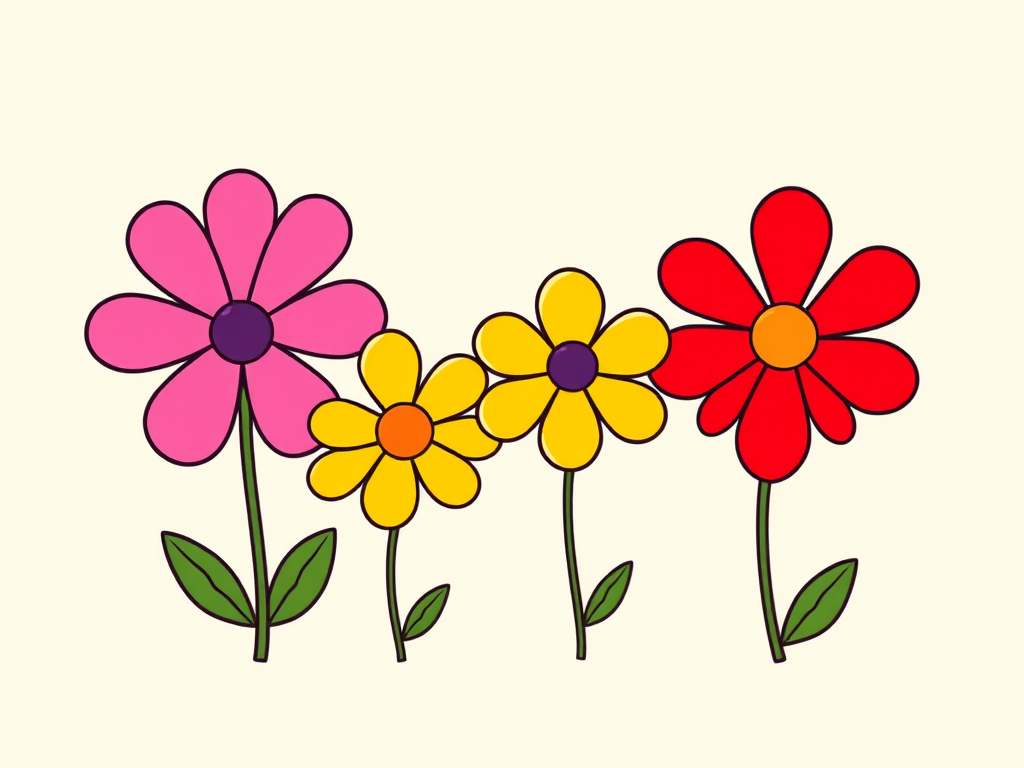 Create a vibrant illustration of four cartoon flowers in a row, with distinct colors: pink, purple, yellow, and red, featuring bold outlines and simple shapes, captured with a DSLR camera, 50mm lens, f/2.8 aperture, ISO 100, in daylight to enhance color saturation and sharpness.