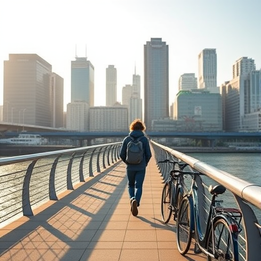 Create a high-resolution image of a pedestrian walking on a bridge with a modern cityscape in the background, showcasing bicycles parked along the waterfront, captured with a DSLR camera, aperture f/8, shutter speed 1/250s, ISO 200, in vibrant morning light, wide-angle view.