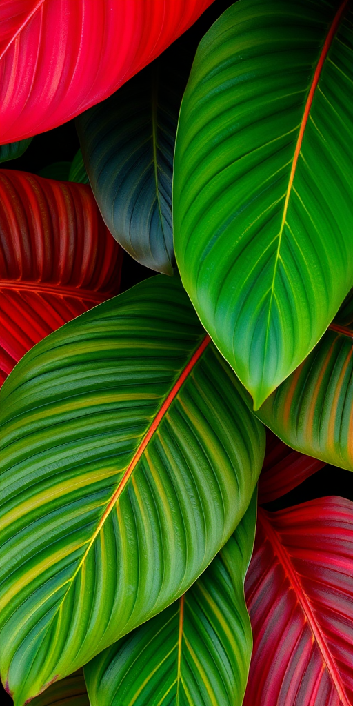 tropical foliage pattern with vibrant red and green leaves, high resolution, macro lens, ISO 100, f/2.8, 50mm lens, soft lighting, shot from above