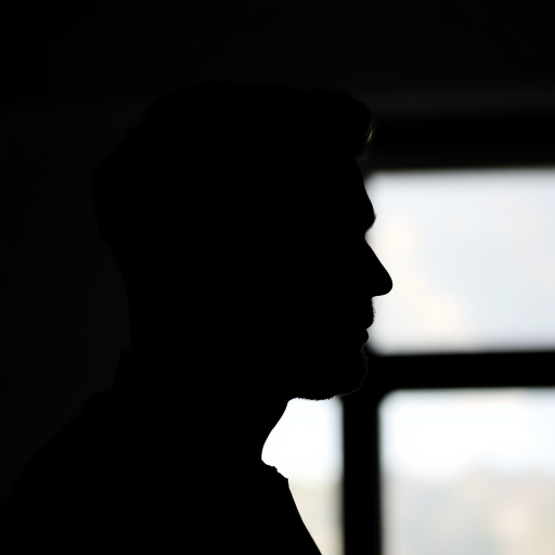 Create a high-resolution silhouette of a man's profile, soft focus, f/2.8 aperture, 50mm lens, shot in natural light, DSLR camera, side view.