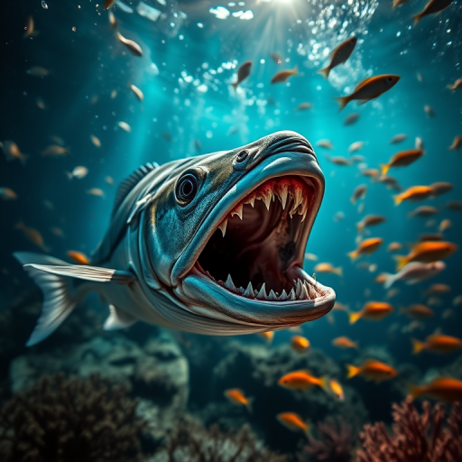 highly detailed underwater scene of a large predator fish with an open mouth surrounded by smaller fish, vibrant lighting filtering through the water, shot with a Canon EOS R5 at f/2.8, ISO 100, 1/200s, using a wide-angle lens for a dramatic perspective, soft focus background to enhance the subject