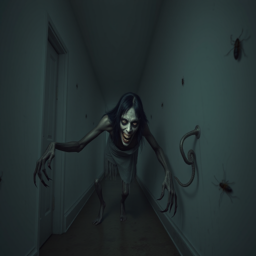 a crooked woman with long arms and a creepy smile is crawling along a long white corridor and you can also see cockroaches in it there is a creepy atmosphere creepy art style