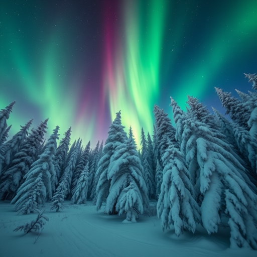 Capture the northern lights above a snowy forest with a Canon EOS R5, 24mm f/1.4 lens, ISO 800, f/2.8, 15 seconds exposure, wide-angle view, vibrant colors, high dynamic range, and enhanced sharpness.