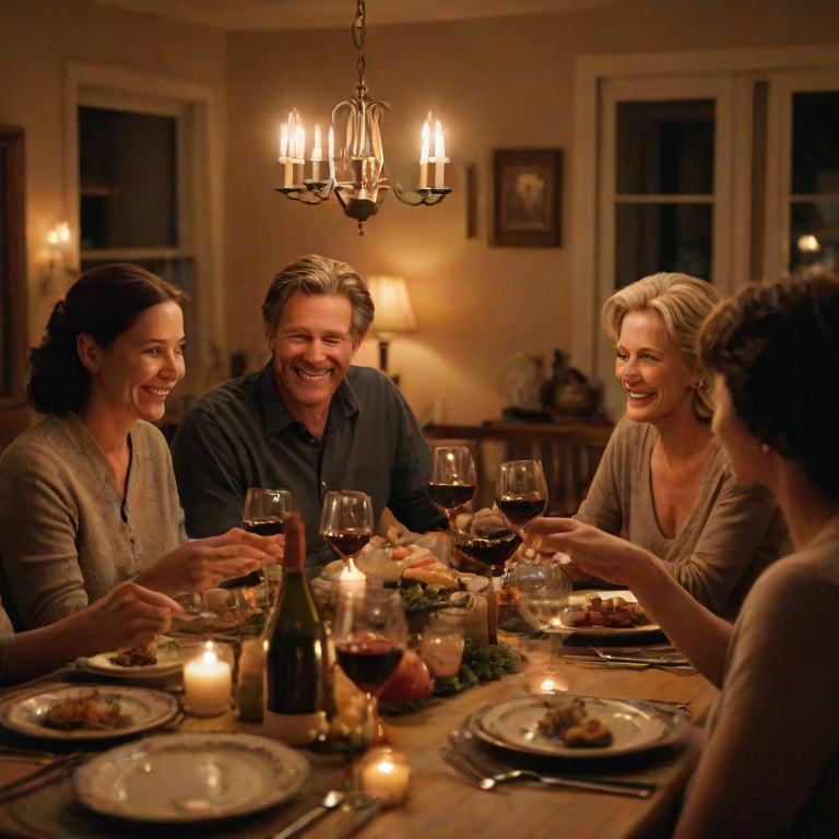 Warm, softly lit image of a family gathered around a dinner table, laughter and conversation filling the room, soft glow from candles reflecting off wine glasses, the smell of home-cooked food lingering in the air, shadows flickering on the walls from the candlelight.