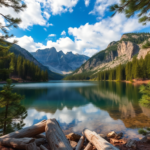 High-resolution landscape photo of a serene lake surrounded by pine trees and rocky cliffs, captured with a DSLR camera at f/8 aperture, 1/200 sec shutter speed, ISO 100, shot from a low angle with a wide-angle lens for enhanced depth and clarity.