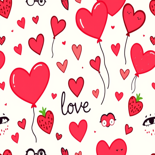 create a seamless pattern featuring playful hearts, balloons, strawberries, eyes, and the word love in a doodle style with a light background