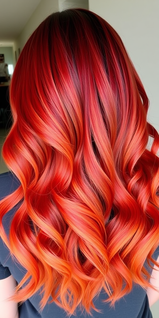 Fiery ombre locks transitioning from deep crimson roots to blazing orange tips, Phoenix's hair radiates warmth and intensity, with subtle waves adding movement and depth to the striking color palette