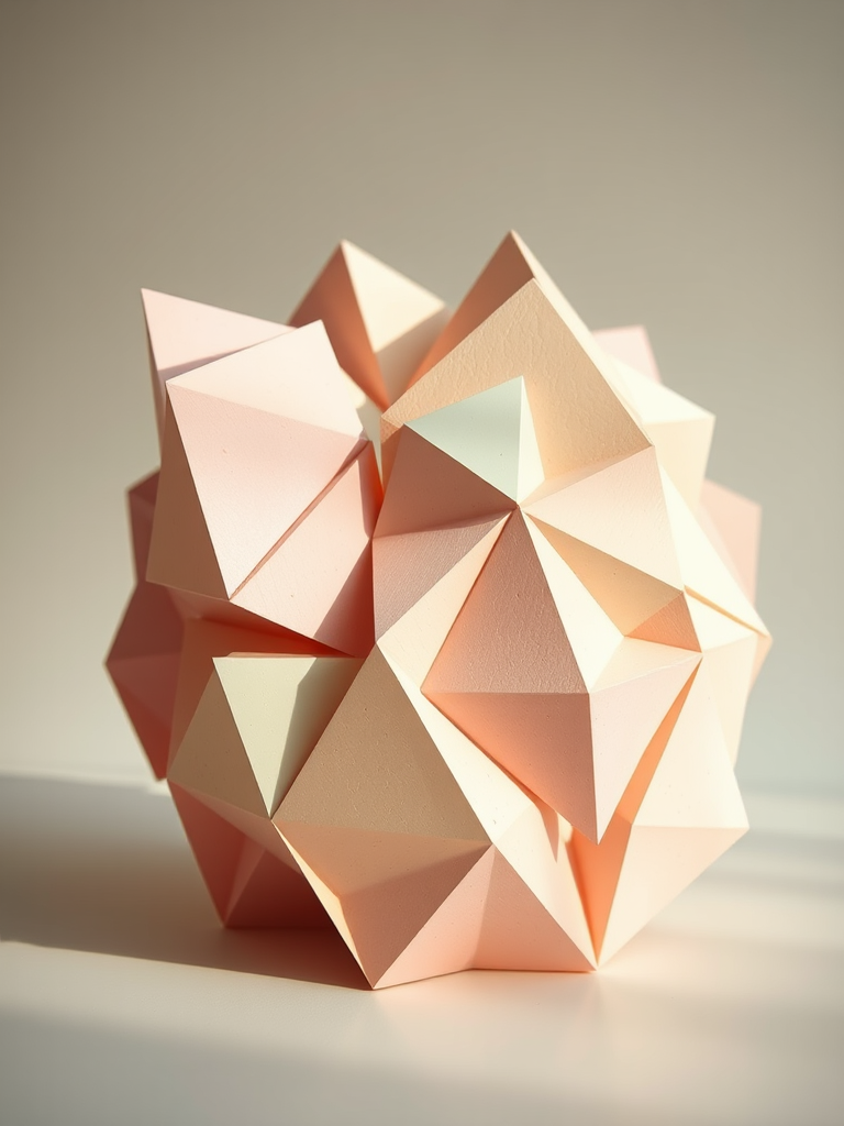 Create a high-resolution image of an abstract geometric sculpture composed of triangular shapes in soft pastel colors, captured with a Canon EOS R5, 50mm lens, f/2.8 aperture, ISO 100, in soft diffused lighting from the left, with a shallow depth of field to emphasize the textures.