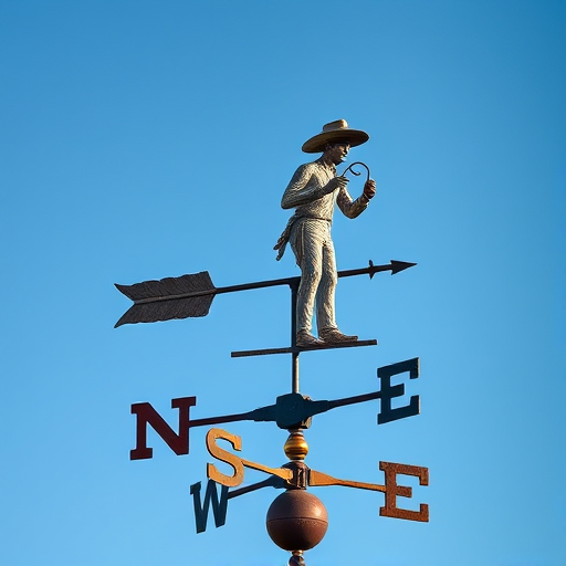 Create a high-resolution image of a vintage weather vane featuring a cowboy figure with a lasso, against a clear blue sky, taken with a Canon EOS R5 at f/8, ISO 100, 1/250s, landscape view, with soft natural lighting for enhanced detail.