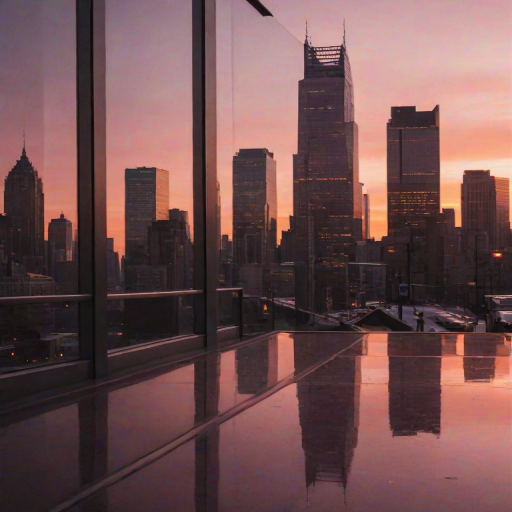 Sharp, high-contrast photo of a city skyline at dawn, buildings silhouetted against a pink and orange sky, soft light reflecting off glass windows, distant cars and pedestrians starting their day, a sense of quiet anticipation captured.