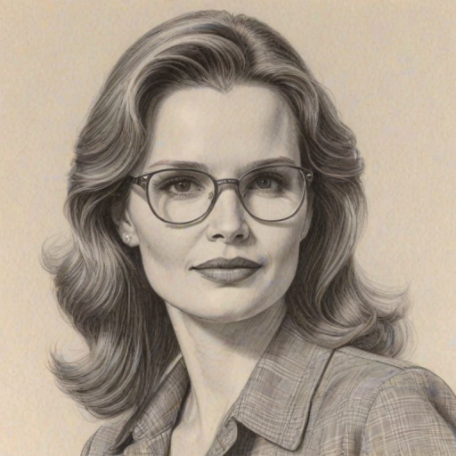 Exquisite Geena Davis, pencil sketch, portrait of Exquisite woman 1978s in glasses, hair style beatnik, outline, clear lines, fine lines, 8k