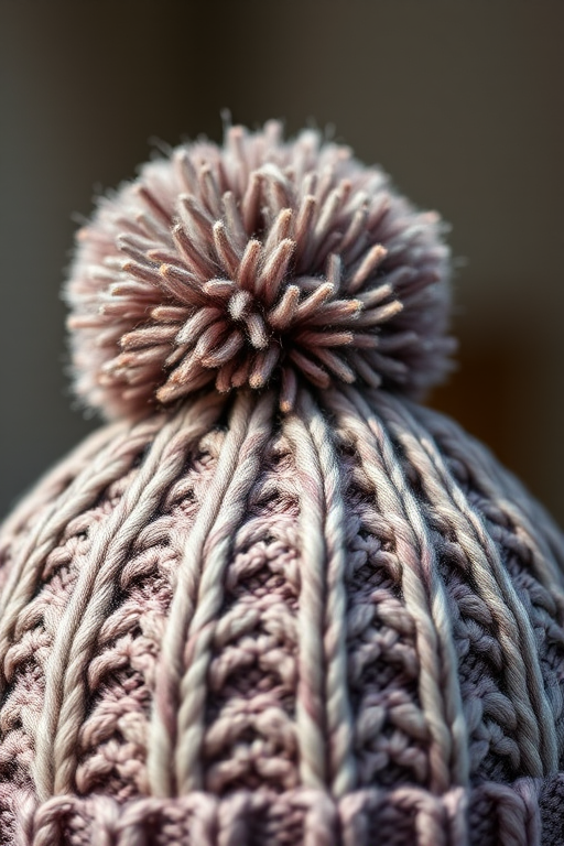 Create a high-resolution image of a knitted winter hat with a pom-pom on top, featuring zigzag patterns, captured with a Canon EOS 5D Mark IV at f/2.8, ISO 100, in natural light, with a shallow depth of field to emphasize texture and detail.