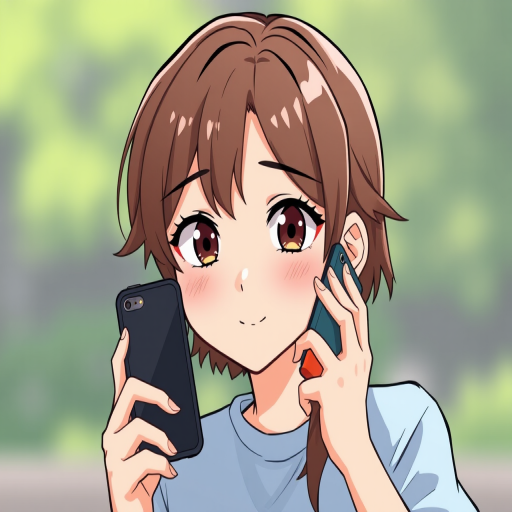 Create a high-resolution digital illustration of a character with brown hair, wearing a light blue shirt, holding a smartphone to their ear, using a Canon EOS 5D Mark IV, 50mm lens, f/1.8 aperture, ISO 100, natural lighting, front view, cartoon style.