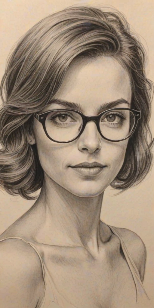 Alluring Stephanie Szostak, pencil sketch, portrait of Enchanting woman 1947s in glasses, hair style beatnik, outline, clear lines, fine lines, 8k