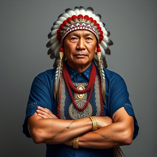 Create a dignified portrait of a Native American man dressed in traditional attire. He wears a beautifully crafted headdress adorned with white feathers and red beads, along with a beaded headband featuring intricate patterns. His clothing includes a deep blue, patterned shirt and a traditional chest piece with detailed beadwork. His arms are crossed, displaying leather armbands decorated with feathers. The background is simple and neutral, emphasizing his proud and stoic expression. The overall image captures the rich cultural heritage and strength of his persona.