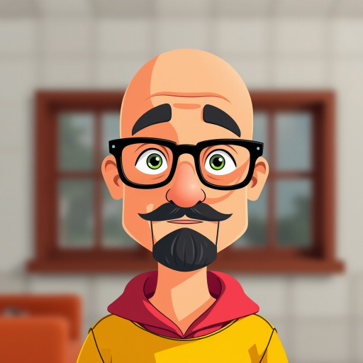 create a cartoon character with a bald head, glasses, and a goatee, in a flat design style, bright colors, 4K resolution, shot with a DSLR camera at ISO 100, f/2.8 aperture, 50mm lens, front view, natural lighting