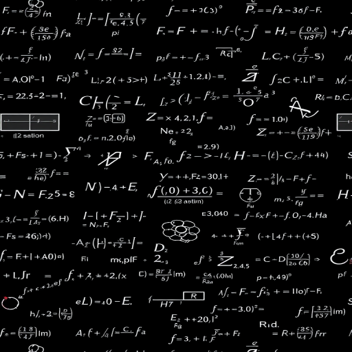 Create a high-resolution image of a seamless pattern featuring physics equations and formulas on a black background, shot using a DSLR camera with a 50mm lens, aperture f/1.8, ISO 100, and a soft focus style.