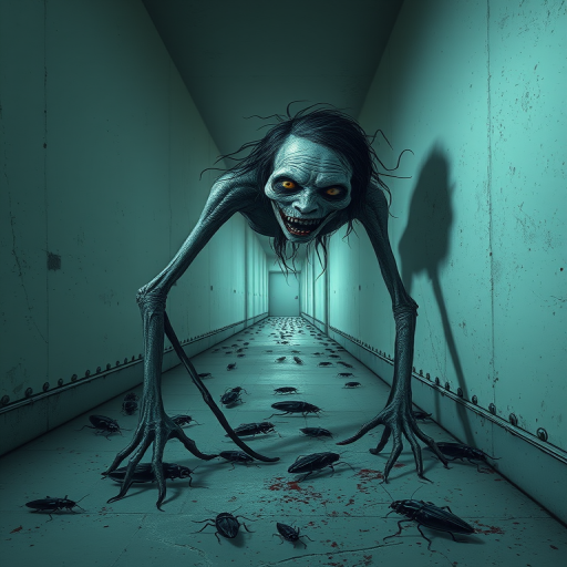 a crooked female with long arms and a creepy smile is crawling along a long white corridor and you can also see cockroaches in it there is a creepy atmosphere creepy art style