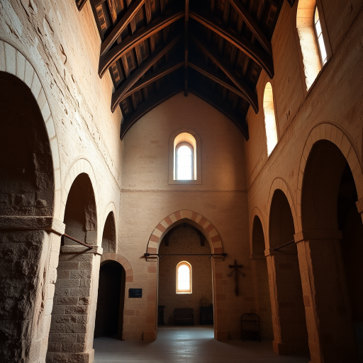 interior of a rustic chapel with arched doorways and textured walls, soft natural light streaming through narrow windows, high resolution, ISO 100, f/8, 1/60 sec, 24mm lens, wide-angle perspective, DSLR camera