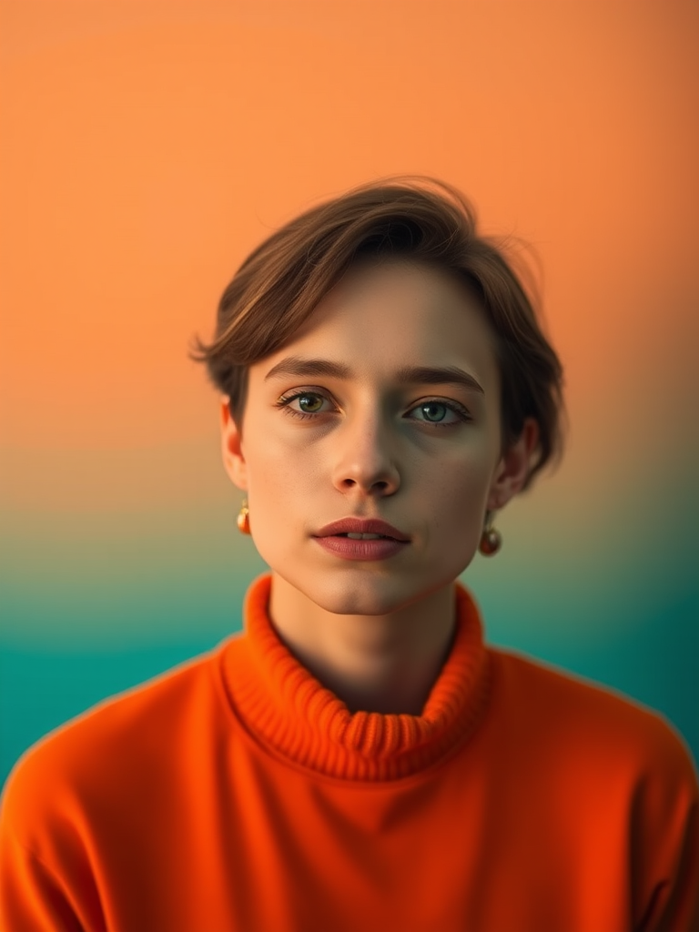 Create a smooth gradient image transitioning from orange to teal, using a Canon EOS R5 with a 50mm f/1.8 lens, aperture set to f/4, ISO 100, shot in portrait mode, with soft lighting to enhance vibrancy and detail.