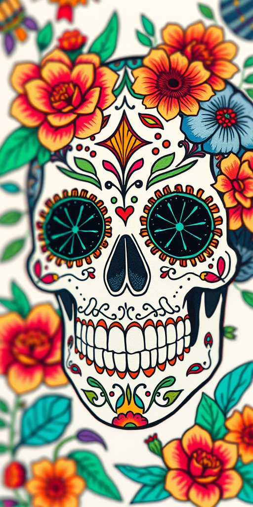 Create a detailed, vibrant sugar skull illustration with intricate floral designs, using a Canon EOS R5 camera, 50mm f/1.2 lens, aperture set to f/1.8, ISO 100, with a soft focus background and high saturation colors.