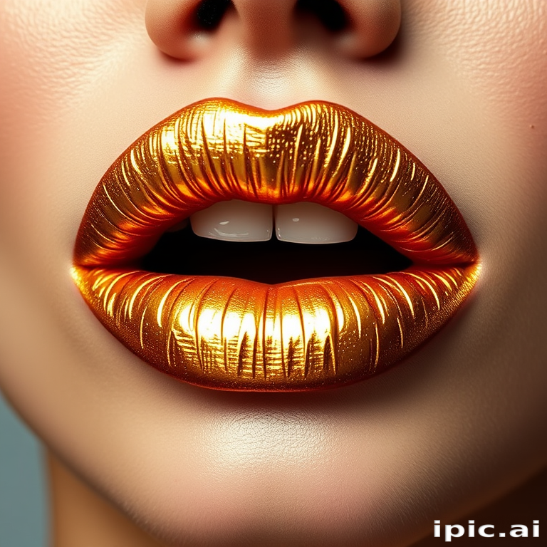 Bold metallic gold lips, shimmering and eye-catching, perfect for avant-garde fashion statements and high-impact makeup looks