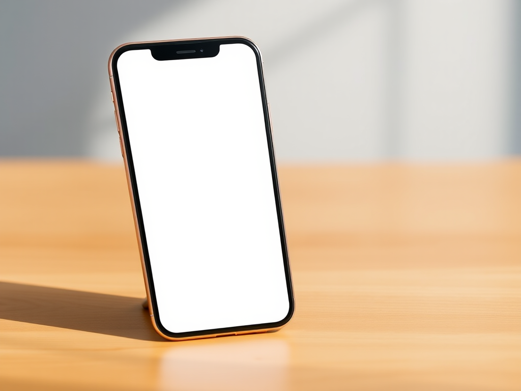 A minimalist smartphone mockup with a blank screen, front-facing view, captured with a DSLR camera at f/2.8, ISO 100, 1/60s shutter speed, using natural light to enhance clarity and color vibrancy.