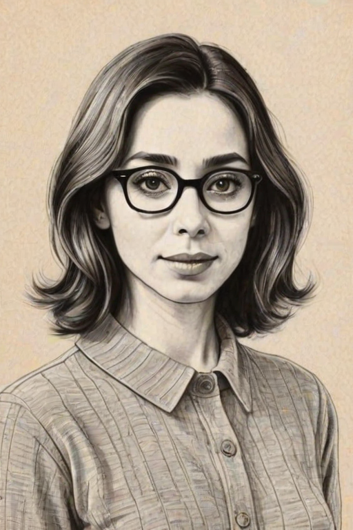 Comely Cristin Milioti, pencil sketch, portrait of Fetching woman 1948s in glasses, hair style beatnik, outline, clear lines, fine lines, 8k