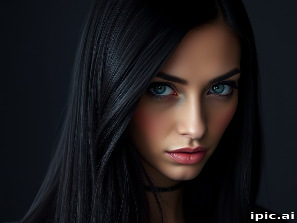 Mysterious beauty with long, jet-black hair styled in sleek, pin-straight locks with a deep side part and subtle blue undertones