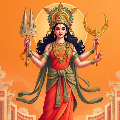 Create an illustration of a goddess with multiple arms, holding traditional weapons, set against a soft orange background with floral patterns, daytime lighting, DSLR camera settings with f/2.8 aperture, 50mm lens, vibrant colors and high saturation, digital art style.