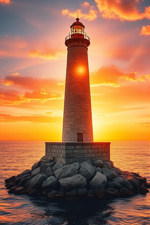 Generate an image of a tall lighthouse perched on a rocky outcrop surrounded by calm ocean waters during a breathtaking sunset. The lighthouse stands sturdy and weathered, its stone surface illuminated by the warm golden light of the setting sun. The sun's rays pass directly through the glass lantern room at the top of the lighthouse, casting a brilliant light across the scene. The sky is painted with vibrant shades of orange, pink, and purple, reflecting off the tranquil sea. The surrounding water shimmers with the same warm hues, creating a serene and majestic atmosphere.