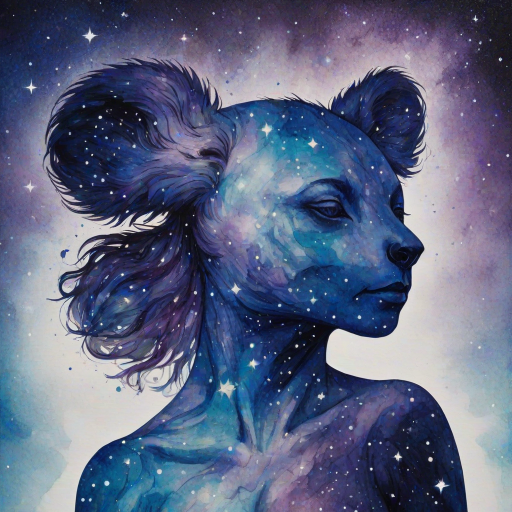 Captivating conceptual render alcohol ink art, double exposure, the paint strokes artfully merge combining a woman's full silhouette with a Cute koala's silhouette. The figures are composed of a series of colored dots, lines & spots that evoke the image of a cosmic galaxy, colors are deep shades of blue purple & black with flashes of white & silver representing distant stars. The woman's silhouette is formed within the lion's silhouette from constellations of scattered stars, surreal