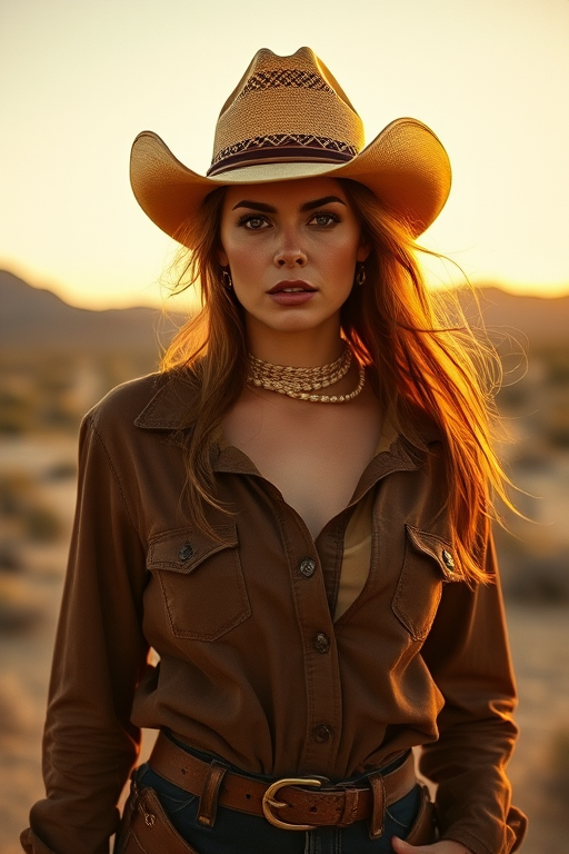 Dramatic photo of a beautiful Georgian woman, classic cowboy attire, confident and free spirit expression, half-length portrait, centered, golden hour desert landscape, warm, diffused light, low angle, medium format film camera, in style of Annie Leibovitz.