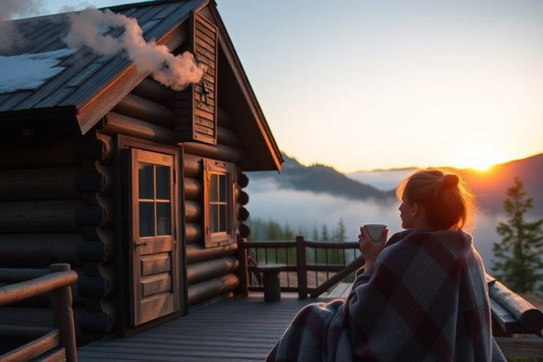 Mountain cabin in the early morning, smoke rising from the chimney, and a woman sitting on the porch, wrapped in a blanket, sipping coffee as she watches the sunrise.