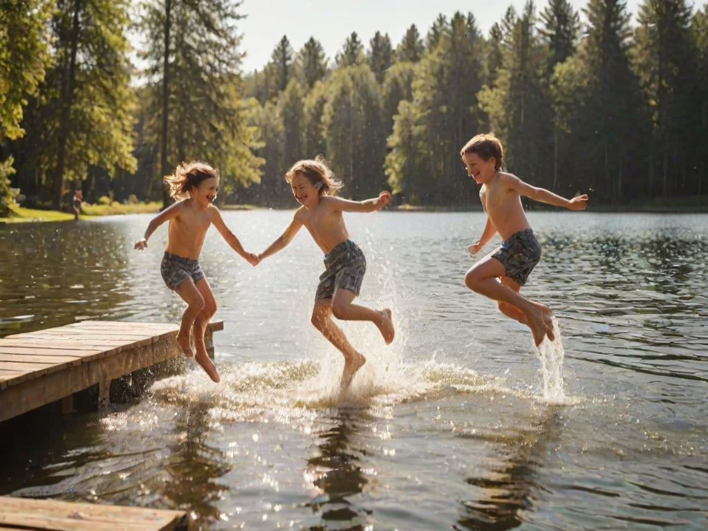 Blurry action shot of a group of kids jumping off a wooden dock into a lake, water splashing around them, summer sunlight reflecting off the water, trees lining the lake in the background, laughter and joy captured in the moment.