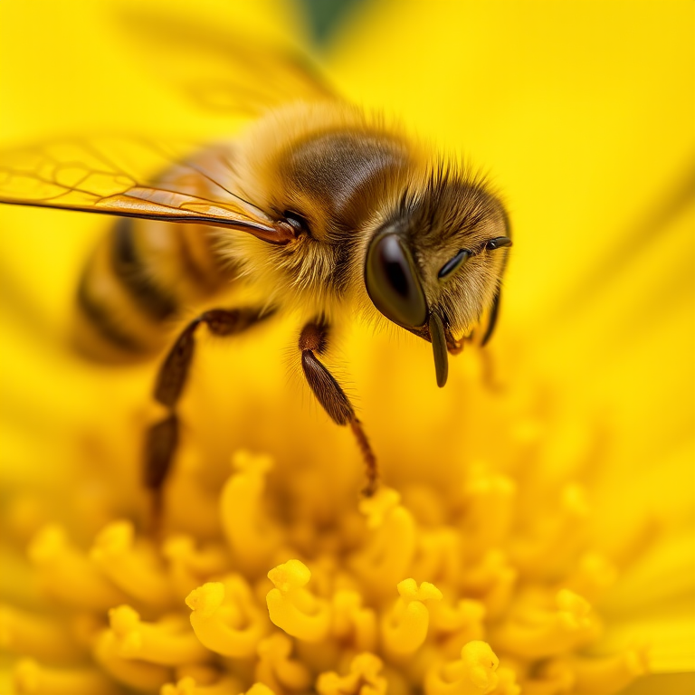 Close-up of a bee on a yellow flower, with macro lens, aperture f/8, shutter speed 1/250 sec, ISO 100, natural lighting, taken with a DSLR camera.