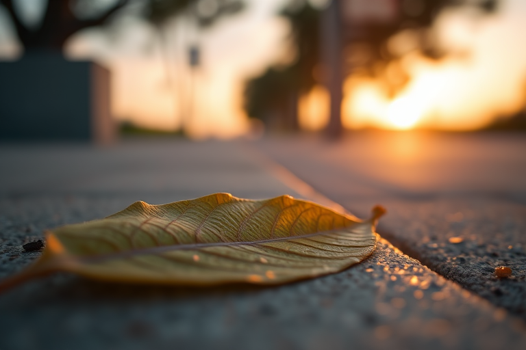 close-up of a leaf resting on a smooth concrete surface during sunset with a shallow depth of field, ISO 200, f/2.8 aperture, 50mm lens, shot with a DSLR camera in natural light to enhance image quality
