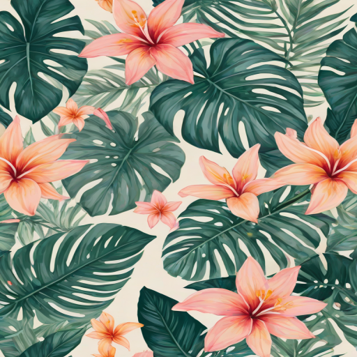 create a seamless pattern featuring tropical leaves and flowers in soft pastel colors on a light background