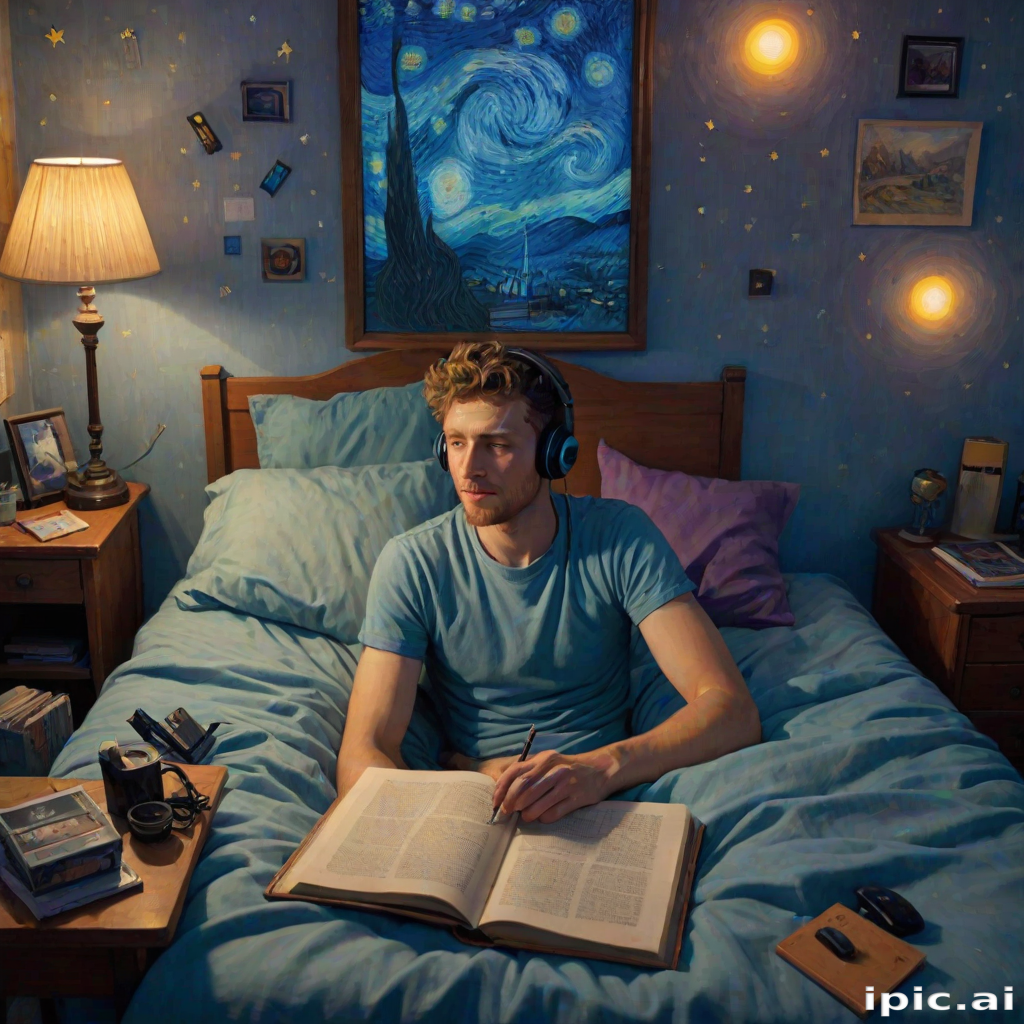 A top-down Van Gogh-style painting of a young man lying on his bed, listening to music with headphones. The room is softly lit with deep blues and purples, creating a peaceful nighttime atmosphere. The bed has a soft pillow, and the man's arms are resting behind his head. Around the bed, various glowing gadgets such as a smartphone, a laptop, and a small lamp are visible, casting a gentle light. The rest of the bedroom includes a desk with books, a chair, and a small rug on the floor. A window near the bed reveals a starry night sky with swirling stars, reminiscent of Van Gogh's 'Starry Night.' On the desk, there is a sketchbook with colorful drawings, a cup of coffee steaming gently, and a small potted plant. The walls have posters of famous paintings and a corkboard with pinned notes and photos. The scene is full of dynamic, swirling brushstrokes, capturing the essence of Van Gogh's unique style. The overall mood is serene and contemplative, with a touch of artistic inspiration.