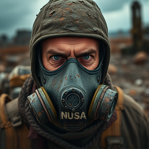 Create a highly detailed image of a rugged survivor wearing a worn-out gas mask, covered in dirt and grime, amidst a desolate landscape with ruins in the background; use a Canon EOS R5 with a 50mm f/1.2 lens, aperture set to f/2.8 for shallow depth of field, ISO 100 for clarity, and focus on the subject's intense expression to enhance the dramatic atmosphere.