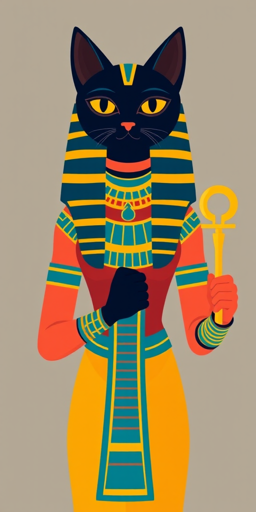 Create an image of a stylized ancient Egyptian goddess with a black cat head, holding an ankh in one hand and a sistrum in the other, vibrant colors, flat design, 4K resolution, shot from a frontal view with a wide-angle lens on a digital camera.