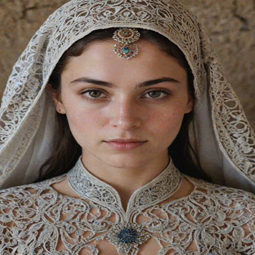Face, shoulders, chest covered in openwork Druze embroidery. Raw, unedited image.