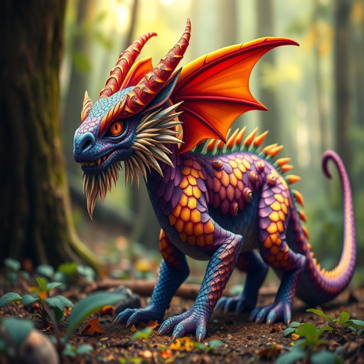 Create an illustrated depiction of a mythical creature with vibrant colors, detailed scales, and intricate patterns in a forest setting, using a full-frame DSLR camera at f/2.8 aperture, ISO 100, and a 50mm lens to achieve a shallow depth of field and sharp focus on the creature while blurring the background for a magical atmosphere.