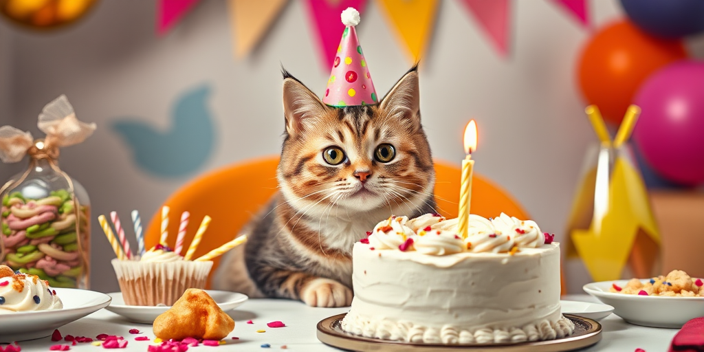 A cute cat wearing a birthday hat sitting at a table with a birthday cake featuring a candle on it surrounded by colorful food decorations and a festive atmosphere