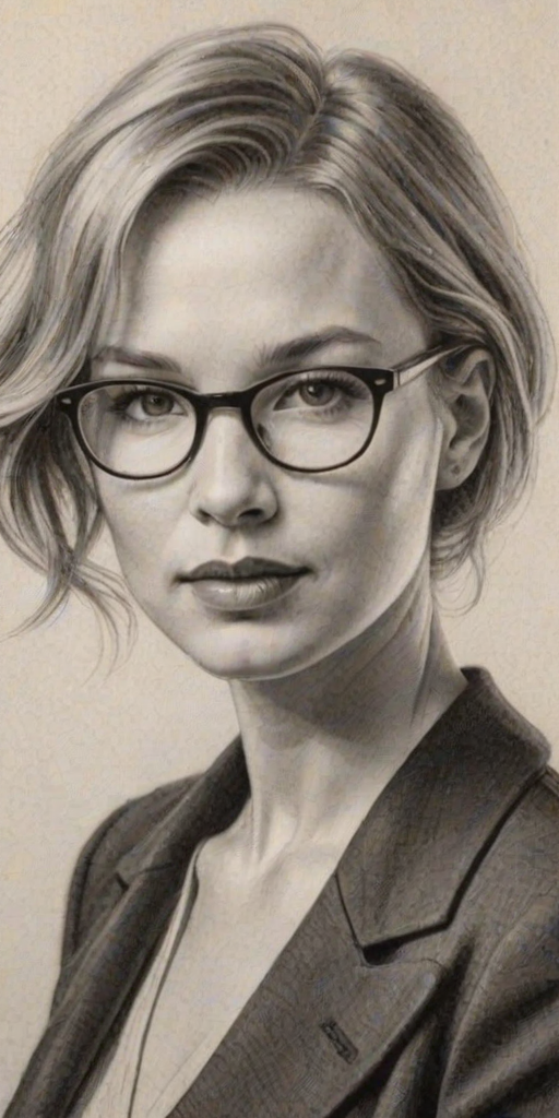 Gorgeous Rene' Zellweger, pencil sketch, portrait of Attractive woman 1923s in glasses, hair style beatnik, outline, clear lines, fine lines, 8k