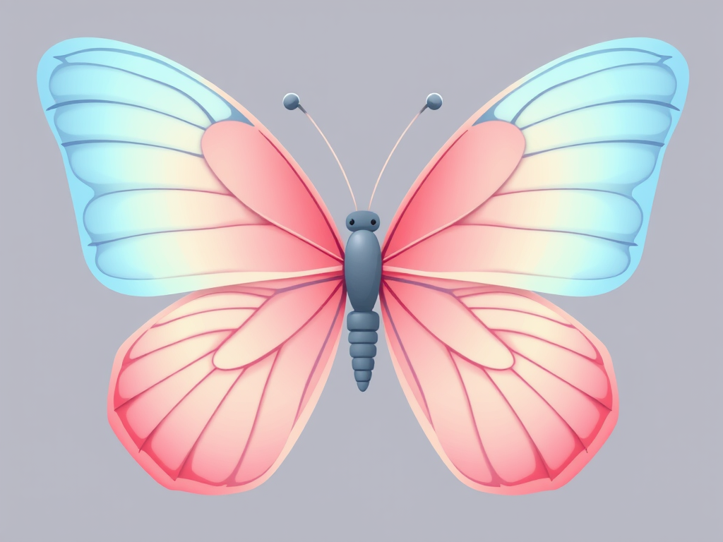 Create an illustration of a butterfly with large wings. The wings should feature a gradient of colors transitioning from soft pink at the center to light blue at the edges. The butterfly should have a delicate appearance, showcasing intricate wing patterns with a smooth finish.