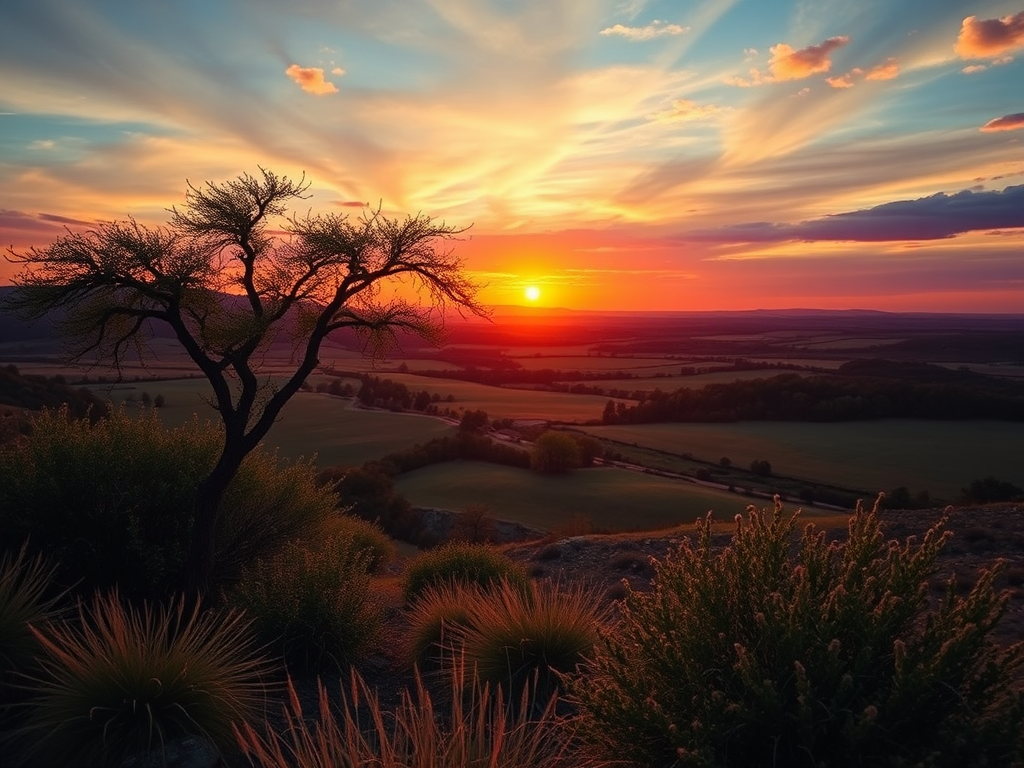 Create a high-resolution image of a scenic landscape at sunset, using a DSLR camera with a 50mm lens, aperture set to f/1.8, ISO 100, shutter speed 1/200s, in landscape orientation, with a focus on vibrant colors and enhanced clarity.